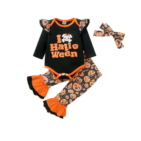 Ehfomius 3Pcs Baby Halloween Outfits Long Sleeves Romper + Pumpkin Flare Trousers + Headband for Toddler Girls 0-18 Months
Ehfomius 3Pcs Baby Halloween Outfits Long Sleeves Romper + Pumpkin Flare Trousers + Headband for Toddler Girls 0-18 Months