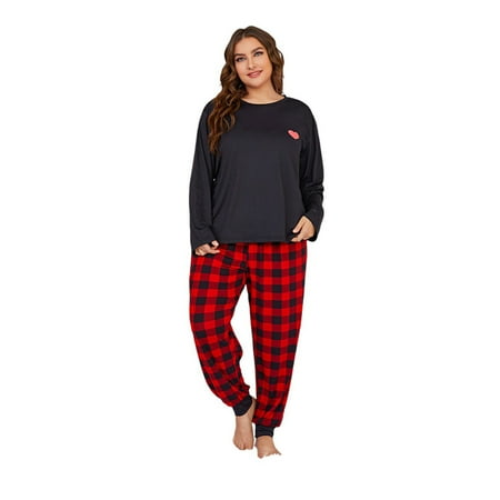 Women s Pajama Set Long Sleeve Plaid Pants Soft Pajama Crew Neck 2 Piece Set