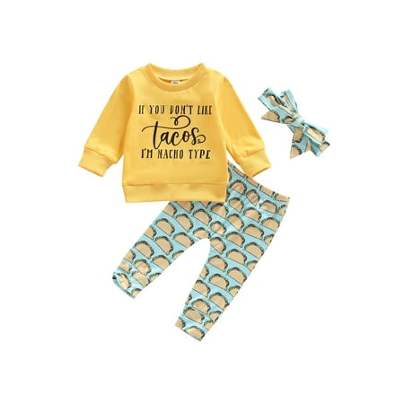 wybzd 3Pcs Baby Girl Tacos Outfits Letter Print Sweatshirt + Pants + Headband Infant Western Clothes Yellow 6-12 Months
wybzd 3Pcs Baby Girl Tacos Outfits Letter Print Sweatshirt + Pants + Headband Infant Western Clothes Yellow 6-12 Months