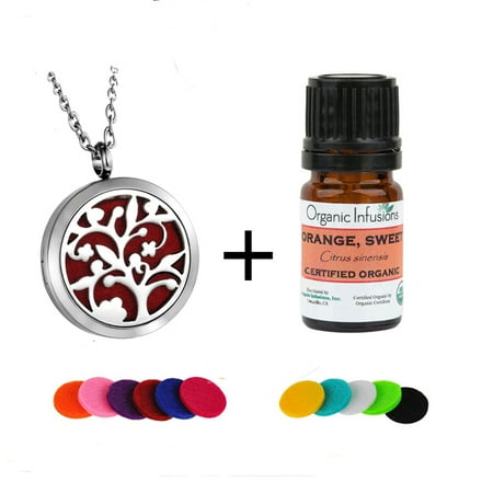 Essential Oil Necklace Jewelry Gift Set Tree of life Round Aromatherapy Diffuser Necklace with 5ml Organic Sweet Orange Essential Oil Necklace Gift Box