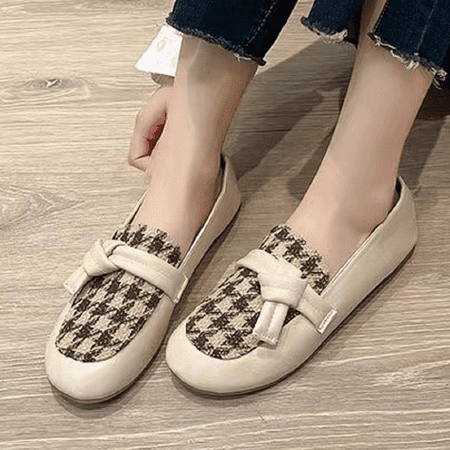 Women‘s Flat Loafers Houndstooth Panel Knot Detail Shoes