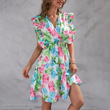 MPWEGNP Women s Elegant Cute Sexy V Neck Flower Print Corset Sleeveless Dress