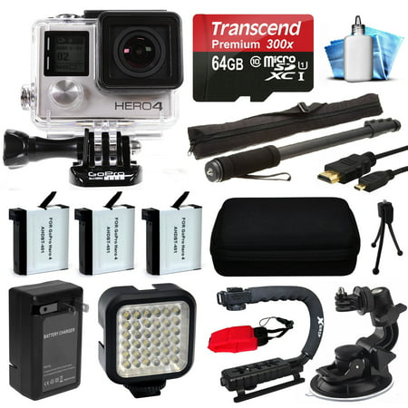 GoPro HERO4 Silver Edition 4K Action Camera with 64GB MicroSD Card, 3x Batteries with Charger, Opteka xGrip Handle, Night LED Light, Car Mount HDMI Micro Cable, Case, Mini Tripod, Cleaning Kit + more