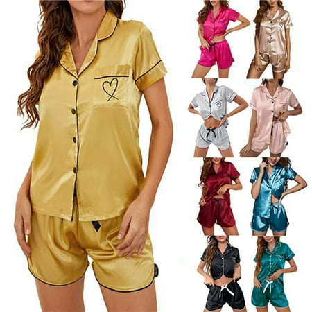 Womens Silk Satin Pajamas Set Two-Piece Sleepwear Loungewear Button-Down Sets