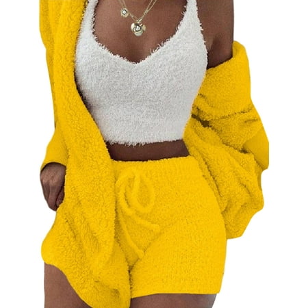 Lumento 3pcs Women Plush Pajamas Set Crop Top Cardigan and Shorts Sleepwear Jersey Lounge Set
Lumento 3pcs Women Plush Pajamas Set Crop Top Cardigan and Shorts Sleepwear Jersey Lounge Set
