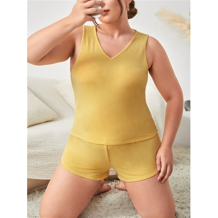 Yellow Casual Women s Plus Solid Pajama Set 1XL(14) Y22001D