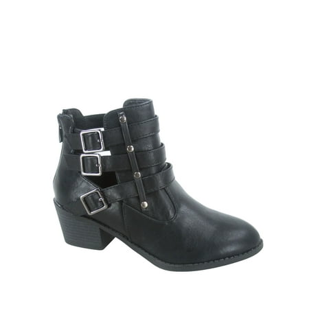 Women s Round Toe Buckles Zipper Low Heel Ankle Booties