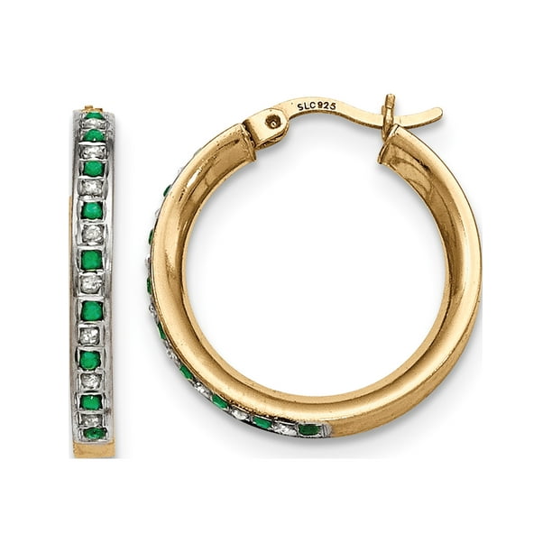 Designer Sterling Silver Ss Diamond Mystique Gold-Plated Dia/Emerald Round Hoop Earrings (Length=25) (Width=3) Made In United States