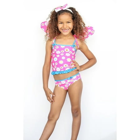 Little Girls Pink Daisy Print Wings Tankini Swimsuit 2-7
