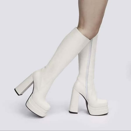 

Rollbacks & Clearance Juebong Women s High Heels Knee High Boots Chunky Heel Slouchy Round Toe Side Zipper Boots