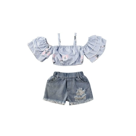 wybzd Baby Girls Summer Floral Print Off Shoulder Short Sleeve Sling Crop Tops+Ripped Denim Shorts 2Pcs Set 6 Months-3 Years
wybzd Baby Girls Summer Floral Print Off Shoulder Short Sleeve Sling Crop Tops+Ripped Denim Shorts 2Pcs Set 6 Months-3 Years