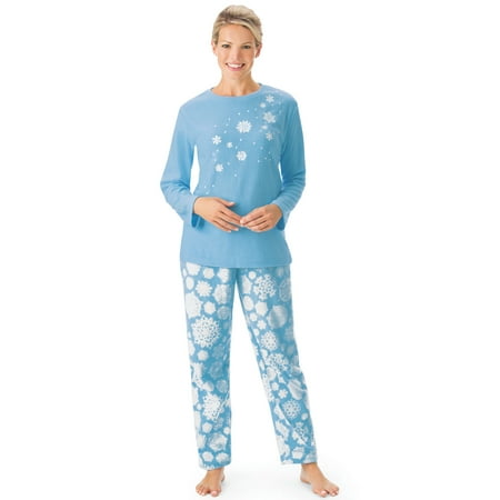 Collections Etc Women's Snowflake Tunic & Fleece Pajama Set BLUE MEDIUM