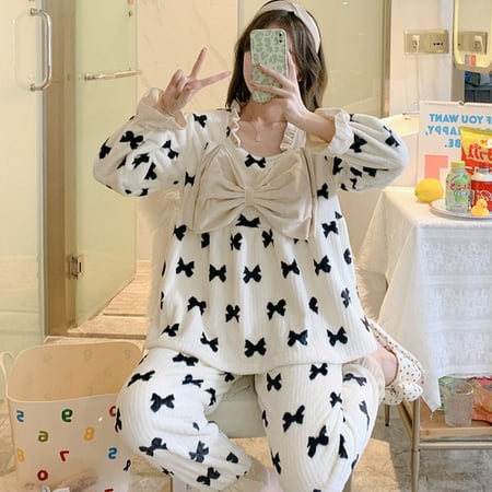 PIKADINGNIS Womens Pajamas Set Winter Leisure Elastic Waist Warm Flannel Sleepwear Set Womens Long Sleeve Nightwear Bow Homewear Clothes
PIKADINGNIS Womens Pajamas Set Winter Leisure Elastic Waist Warm Flannel Sleepwear Set Womens Long Sleeve Nightwear Bow Homewear Clothes