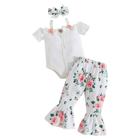Lamuusaa 3Pcs Baby Girl Spring Outfits Cold Shoulder Romper + Bell Bottoms + Headband Set
Lamuusaa 3Pcs Baby Girl Spring Outfits Cold Shoulder Romper + Bell Bottoms + Headband Set