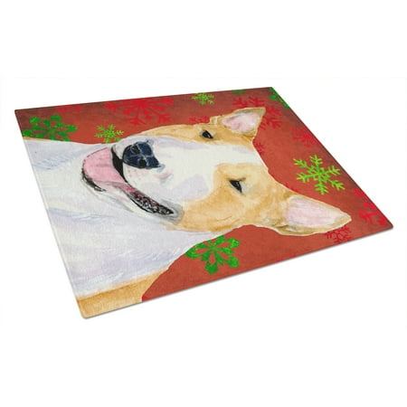 Caroline s Treasures SS4703LCB Bull Terrier Red and Green Snowflakes Holiday Christmas Glass Cutting Board Large 12H x