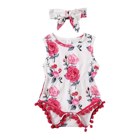 Hopiumy Girls 2 Pieces Outfit Floral Print Romper + Headband Summer Set