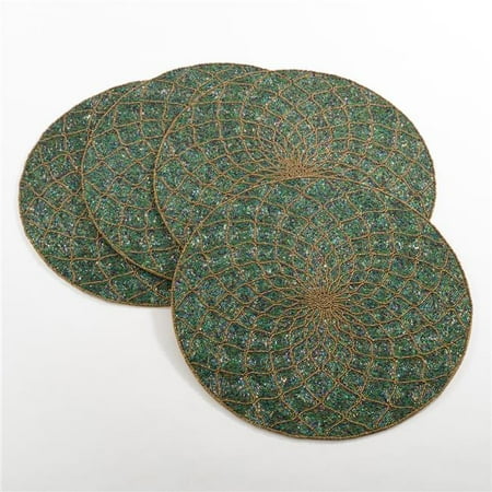 SARO 15 in. Round Beaded Design Placemat Teal - Set of 4