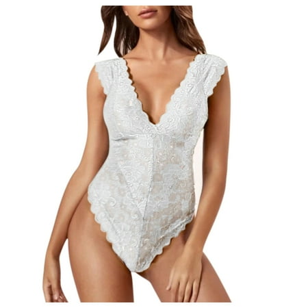 Women Lace One-Piece Lingerie Babydoll Deep V Teddy Bodysuit