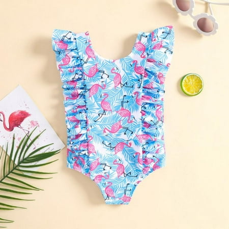 Esho Baby Girls One Piece Swimsuit Toddler Girl Ruffled Sleeve Bathing Suit Kids Floral Printed Swimwear Size 12M-5T