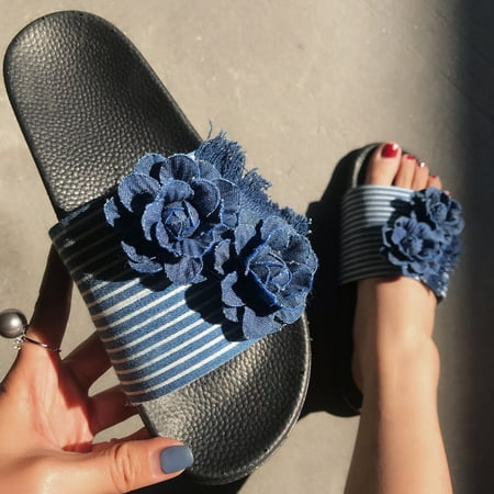 Womens Flip-Flops Denim Flowers Breathable Flats Open Toe Shoes Casual Slippers