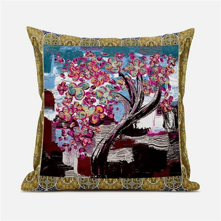Amrita Sen Designs CAPL775FSDS-ZP-20x20 20 x 20 in. Tree Oil Duo Suede Zippered Pillow with Insert - Pink Yellow & Blue