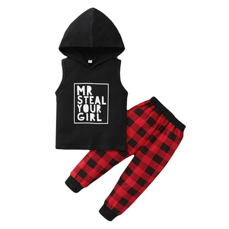 3 Years Toddler Boys Casual Outfits Pants Sets 4 Years Sleeveless Letter Prints Hooded Tank Tops Elastic Plaid Pants 2PCS Set Black
3 Years Toddler Boys Casual Outfits Pants Sets 4 Years Sleeveless Letter Prints Hooded Tank Tops Elastic Plaid Pants 2PCS Set Black