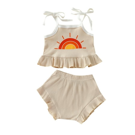 SUNSIOM 2Pcs Kids Girls Outfit Flouncing Sleeveless Suspender Tops and Shorts