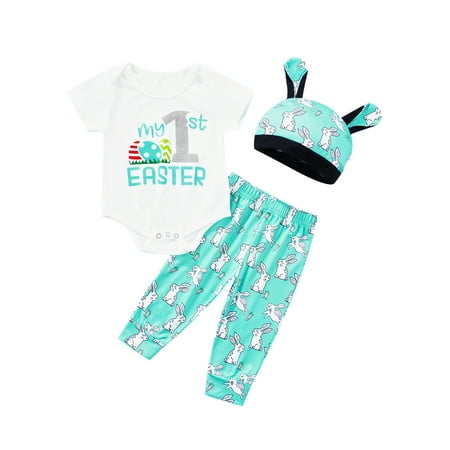 Binpure Boys Easter Suit Short Sleeve Letter Romper Tops+Long Pants+Hat