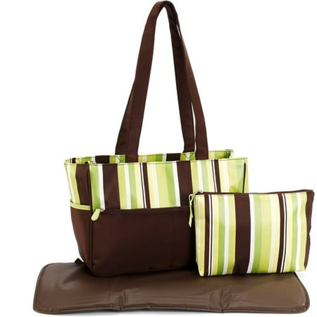 Pretty Baby - Microfiber Striped Tote Diaper Bag, Brown and Sage Green