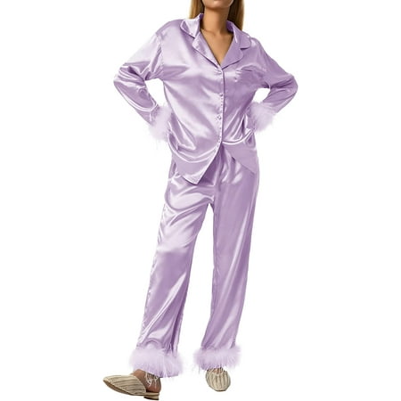 DanceeMangoos Women Pajamas Outfits Feather Decoration Long Sleeve Button-Down Tops + Pants Sleepwear Clothes Set
DanceeMangoos Women Pajamas Outfits Feather Decoration Long Sleeve Button-Down Tops + Pants Sleepwear Clothes Set