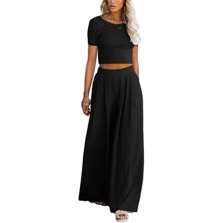 Ladies Solid Color Casual Suit Pajamas Suit Short Sleeve Round Neck Top Solid Color Loose Trousers
Ladies Solid Color Casual Suit Pajamas Suit Short Sleeve Round Neck Top Solid Color Loose Trousers