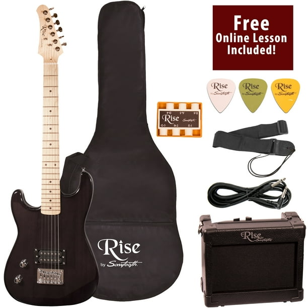 Rise by Sawtooth Left Hand Full Size Beginner's Electric Guitar with Gig Bag & Accessories, Transparent Black