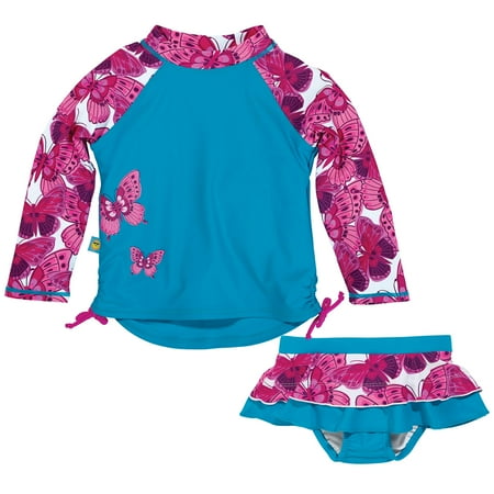 Sun Smarties Baby Girl Swim Diaper Skirt and Rashguard - Blue with Pink Butterflies - 2 Piece Swimsuit