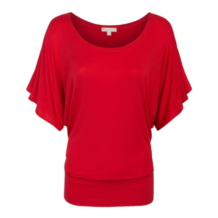 KOGMO Womens Trendy Dolman Kimono Sleeve Casual Drape Bottom Banded Top T-Shirt (S-3X)