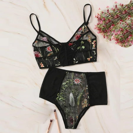 Fashion Women V-Neck Floral Embroidered Lace Lingerie Set Black Underwear S-2XL