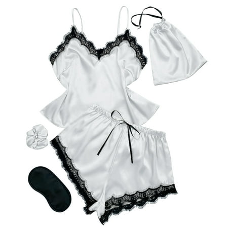 

Women s 5pcs Silk Pajama Set Cami Pjs with Shorts and Eye Mask Satin Sleepwear Loungewear Wedding Gifts for Wife