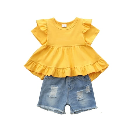 Little Girls Summer Sweet Outfit Short Sleeve Solid Ruffled Round neck Tops And Ripped Shorts
Little Girls Summer Sweet Outfit Short Sleeve Solid Ruffled Round neck Tops And Ripped Shorts