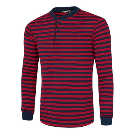 Men Henley Shirt Cotton Pullover Long Sleeve Casual Striped T Shirts Red Navy Blue M (US 38)