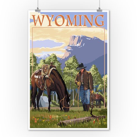 Wyoming - Cowboy and Horse in Spring - Lantern Press Artwork (9x12 Art Print, Wall Decor Travel Poster)