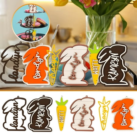 2022 Easter 3D Layered Wooden Ornament Tray Decorative Easter Bunny 6-Piece Set