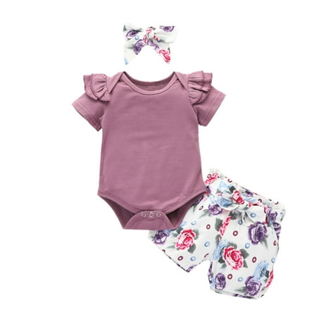 EHTMSAK Infant Baby Toddler Girl 3PCS Outfits Bow Bodysuit and Floral Shorts Set Summer Ruffle Clothing Set Short Sleeve with Headband Purple 3M-18M 90
