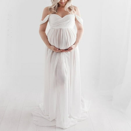 Women Off Shoulder Pregnants Sexy Photography Ruffled Nursing Long Dress
