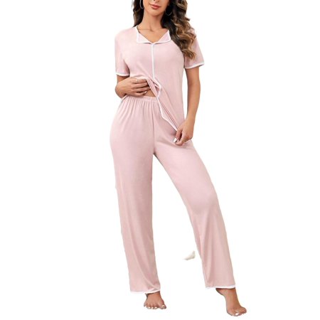 Collar Casual Plain Pant Sets Baby Pink Short Sleeve Women Pajama Sets