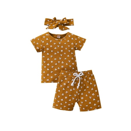 Chollius 3Pcs Toddler Girl s Casual Suit Baby Kid Cute Floral Print Ribbed Short Sleeve Tops + Elastic Waist Shorts + Headband
Chollius 3Pcs Toddler Girl s Casual Suit Baby Kid Cute Floral Print Ribbed Short Sleeve Tops + Elastic Waist Shorts + Headband