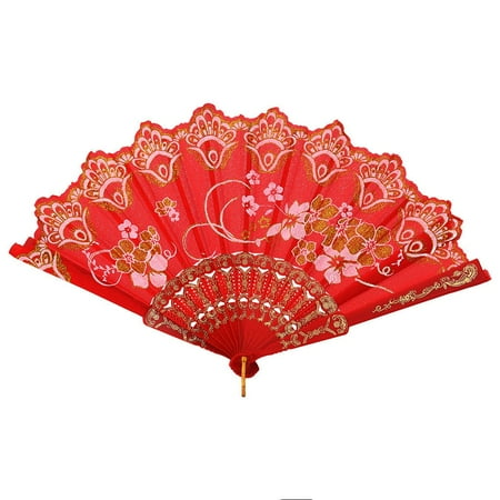 Relanfenk Chinese Style Dance Wedding Party Lace Silk Folding Hand Held Flower Fan Red