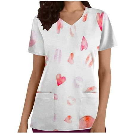 Valentine s Day Scrub Tops for Women Funny Love Graphic Print Basic Fit Short Sleeve Shirt Casual V Neck Pullover Sweatshirt