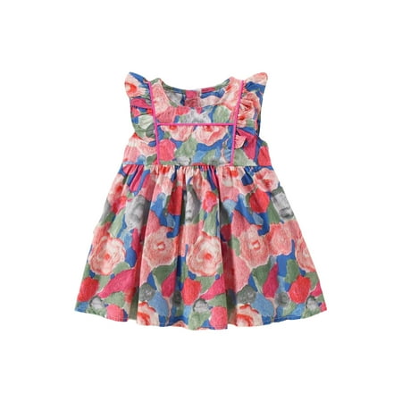 Toddler Baby Girl Summer Dresses Floral Print Crew Neck Fly Sleeve A-line Dresses