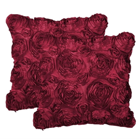 2pcs 3D Satin Rose Flower Throw Pillow Cover Shells,Pure Floral Cushion Covers for Couch Sofa,16" x 16", Burgundy