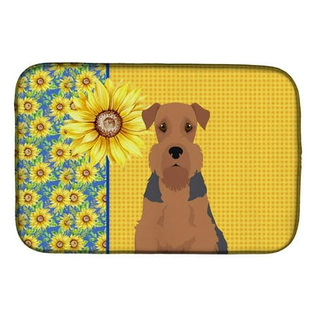 21 x 14 in. Summer Sunflowers Grizzle & Tan Airedale Terrier Dish Drying Mat