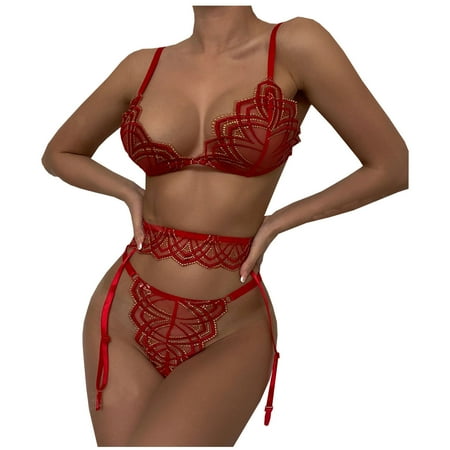 Felirenzacia Women s Sexy Lingerie Red Lace Garter Three-Piece Suit Bikini